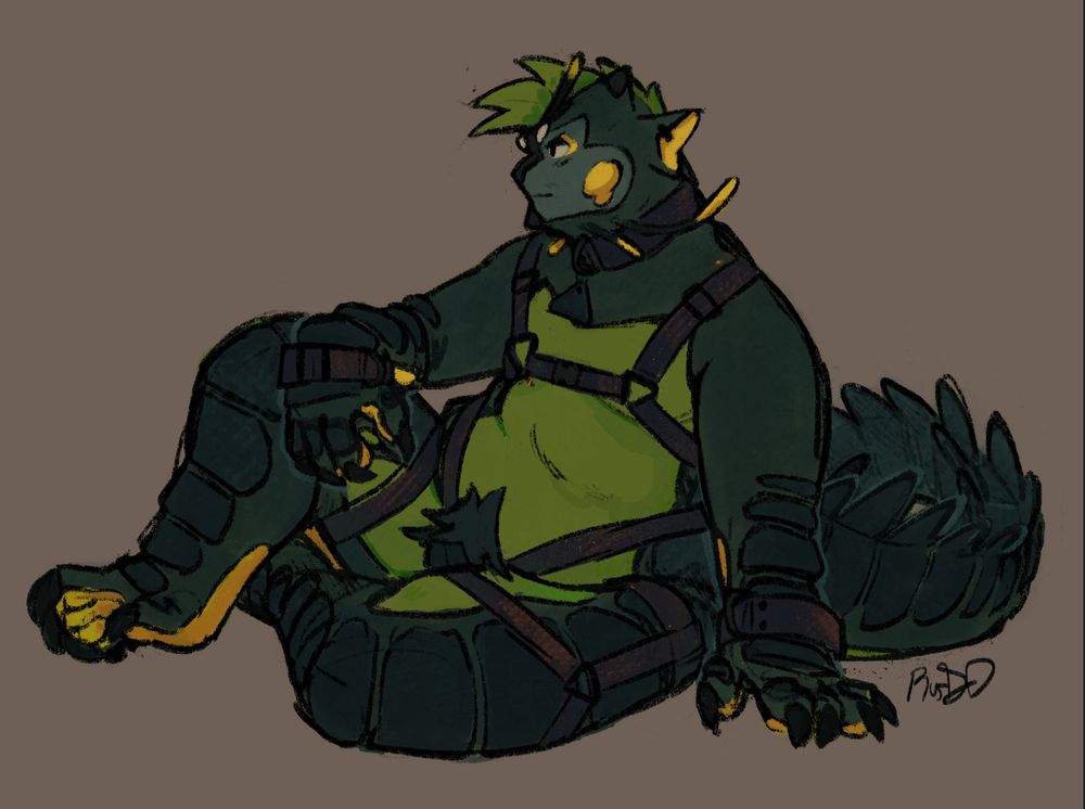 A digital  drawing of my fursona, Cyrus, who is a fat black, yellow and green anthro dragon. he is sitting on the ground, facing to the left, his right arm propped up on one of his legs, the other is supporting him, hand resting on the ground. he is wearing a dark blue full body harness, a matching pair of cuffs, and collar with a triangle shaped tag.