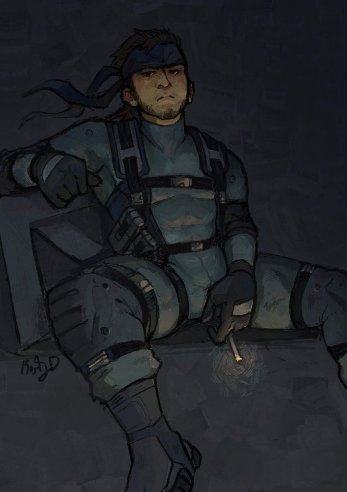 a digital painting of Solid Snake sitting in a dark room amongst some cargo crates. his legs are spread wide apart, a hand holding a lit cigarette positioned in front of his crotch. his other arm is propped up on a crate, and he is tilting his head back slightly, but looking down at the viewer 