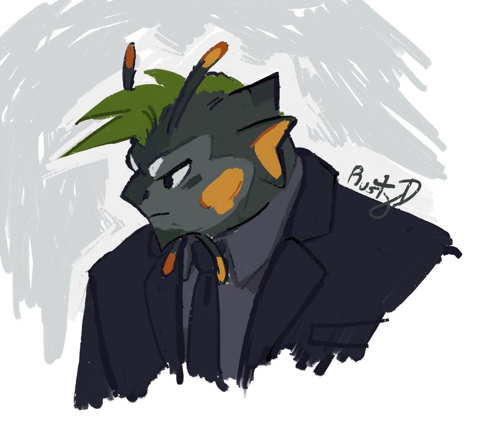 a digital portrait of my fursona, a fat black and yellow dragon with green hair. he's wearing a navy blue suit and tie with a medium blue-grey shirt 