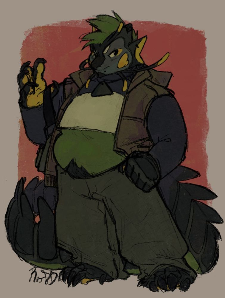 A digital drawing of my fursona, Cyrus, who is a fat green and black dragon. He is wearing a cropped long sleeve shirt that is black on the shoulders and sleeves and white on the torso, a tan cargo vest with a hood, and a pair of baggy dark green pants. He has a necklace with a large triangle pendant and a bag slung over his shoulder with his thumb hooked around the strap. he is looking off to the side, almost scowling. the background is a roughly painted red square.