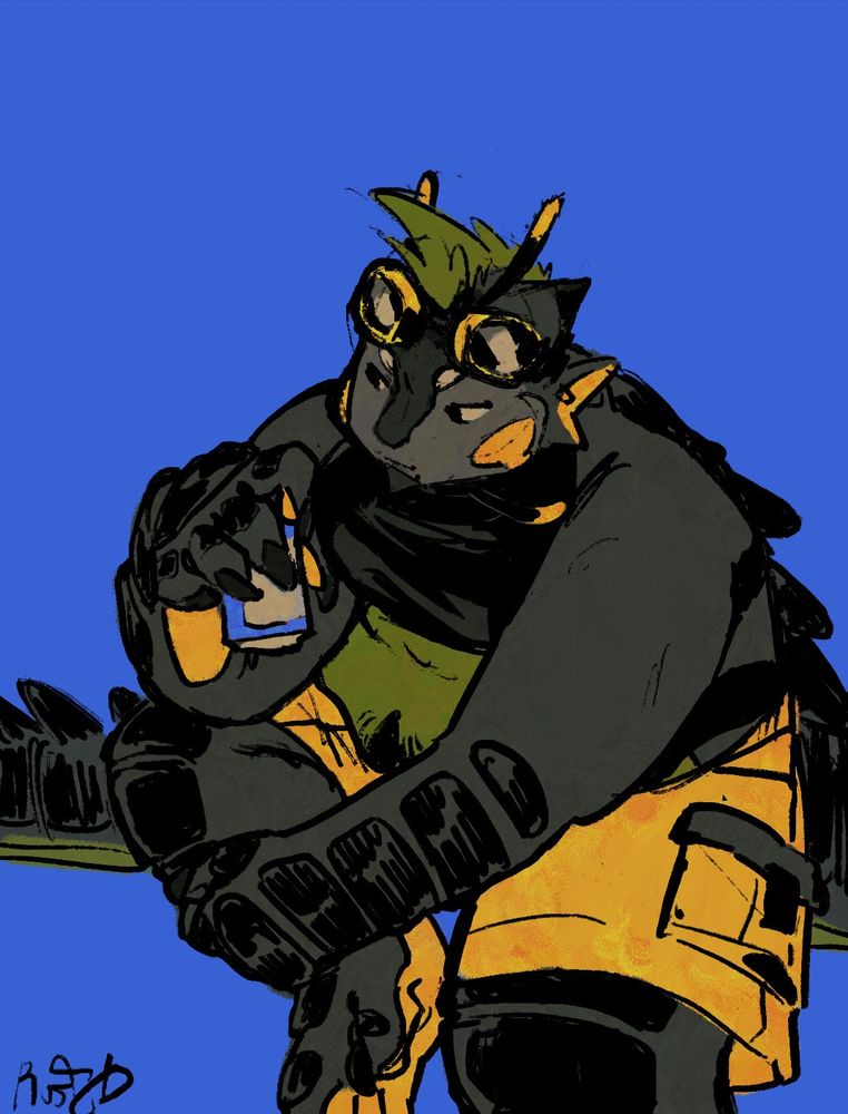 A drawing of my fursona Cyrus, a fat black and green anthro dragon. He is sitting  and holding a blue soda can is his right hand. He's wearing a cropped black halter neck top, yellow knee length cargo shorts and yellow goggles on his forehead. the background is a bright blue.