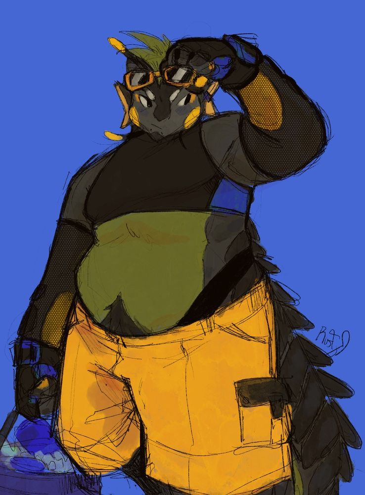 A drawing of my fursona Cyrus, a fat black and green anthro dragon. He is standing and holding a blue bucket of ice and drinks in one hand, and is adjusting a pair of yellow goggles on his forehead with the other. He's wearing a cropped black halter neck top, yellow knee length cargo shorts, mesh arm warmers, black and blue gloves, and the sides of his underwear are hitched up over his hips. the background is a bright blue.