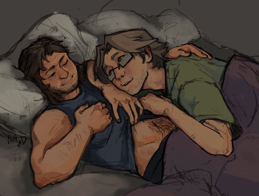 a digital painting of Solid Snake and Otacon laying in bed, wearing a tank top and t-shirt respectively, both half covered by a blanket. Otacon is resting on Snake's chest, one hand pushing up Snake's tank top, looking up at him and talking. Snake has one eye closed, the other peeked open looking at Otacon, smiling. Snake has one hand on his own chest and the other laying on Otacon's back.
