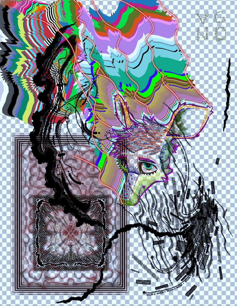 Colorful digital collage of ink drawings digital drawings/designs. The background is a flat grid of white and grey squares, similar to a default canvas one would find in image editing programs. Just right of center is a drawing of an anthropomorphic deer head with many decorative embellishments. In the top right corner are the letters "VGND" written in a square.