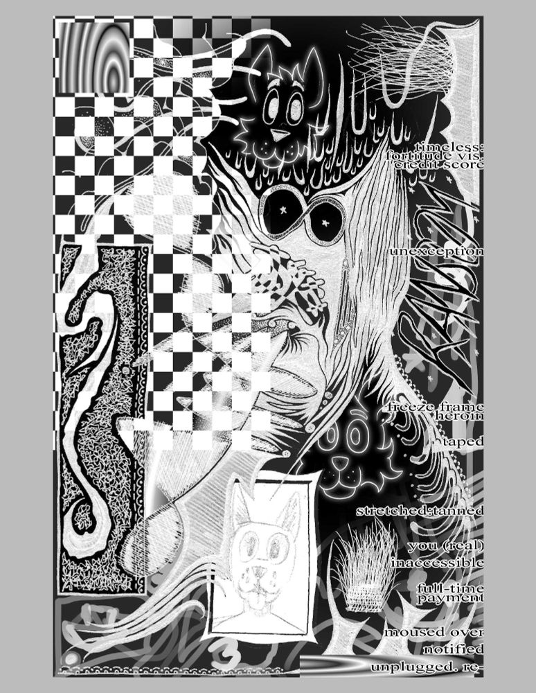 Abstract digital collage consisting of a scanned ink drawing, text, and digitally drawn elements. Three cartoon animal heads are visible.