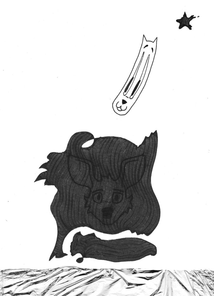 Ink drawing of an elongated cartoon cat head, a small star, and two roughly rectangular, abstract black shapes. A cartoon deer head is faintly visible in the larger of the two shapes. The image is overlaid at the bottom with a scan of some plastic wrap.