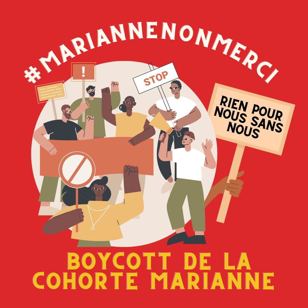 Affiche de campagne de boycott de la cohorte Marianne, de couleur rouge avec le texte "Boycott de la cohorte Marianne"