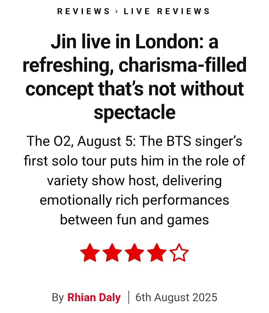 Screengrab of nme review of the show showing the headline and the 4/5 stars. 'Jin live in london: a refreshing charisma-filled concept that's not without spectacle'