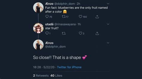 Twitter thread.

Ænzo - Fun fact: blueberries are the only fruit named after a colour

utadä - star fruit?

Ænzo - So close!! That is a shape 💕