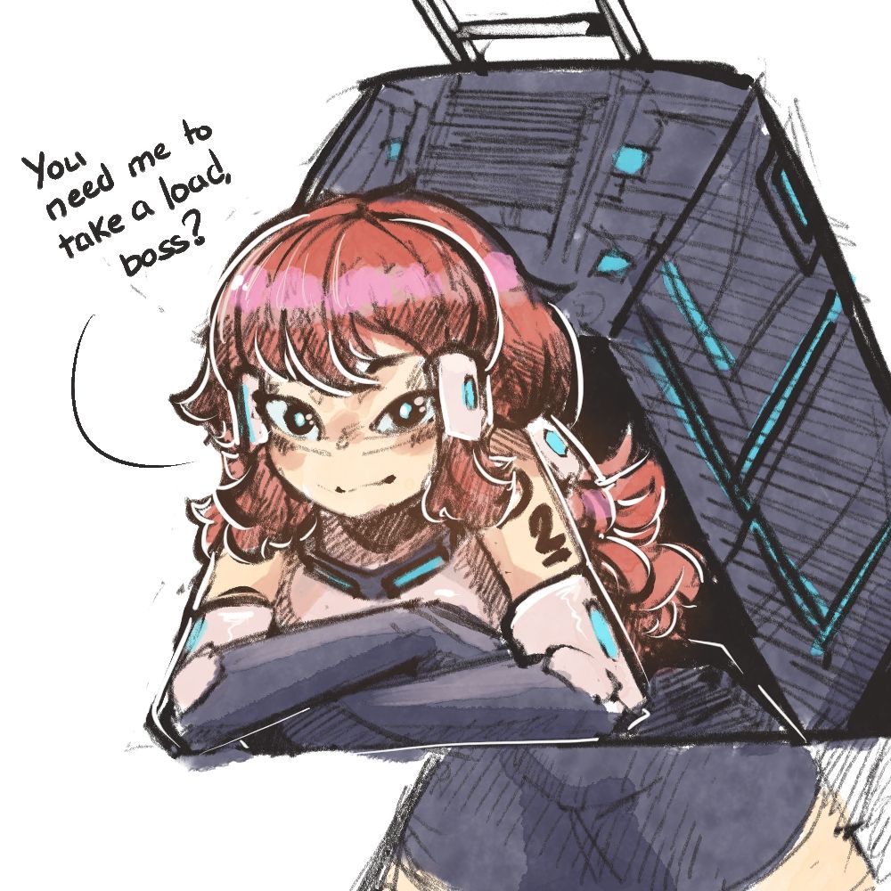 A redhead is leaning over a table, asking "You need me to take a load, boss?"