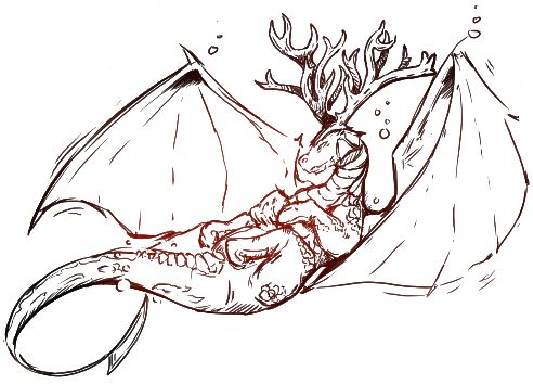 A water dragon. It's floating underwater. It's kind of posed like an otter, has antlers and gills, but otherwise very traditional european dragon-like.