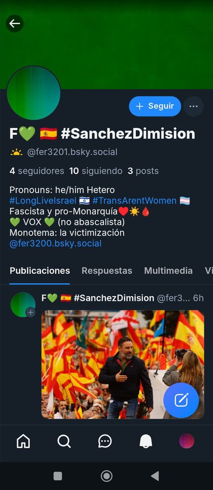 Troll account now banned. He copied my profile but in green (Fascist in Spain) and put everything opposite to me, including transphobia and Zionism.