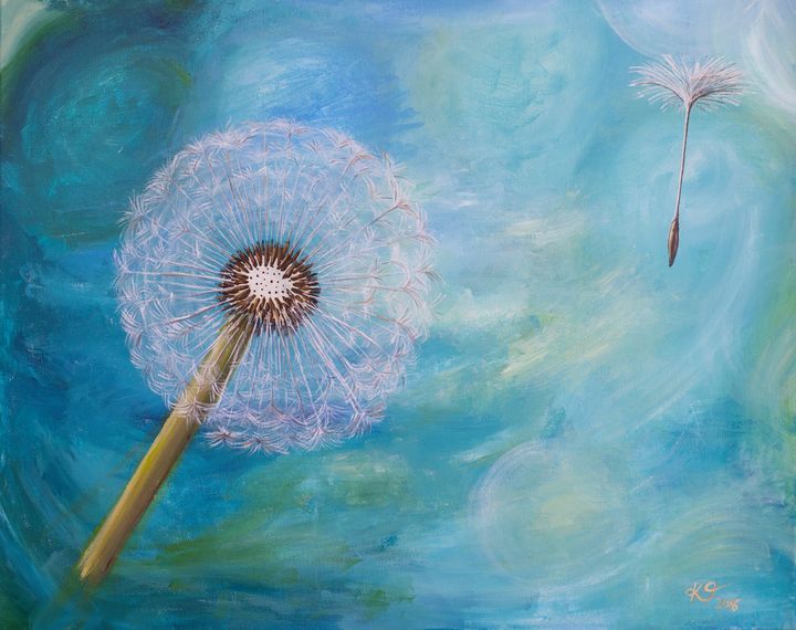 A dreamy painting of a dandelion puff against a swirling turquoise and blue background. One delicate seed floats away on the breeze, drifting toward the upper right corner. The scene evokes a sense of movement, calm, and quiet possibility, with soft brushstrokes creating a gentle, airy atmosphere.