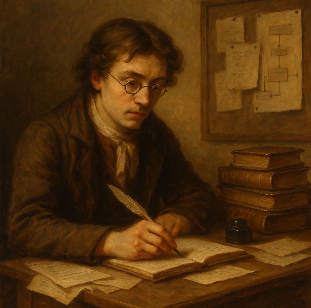 A painting of a nineteenth century author writing a novel with a quill pen.