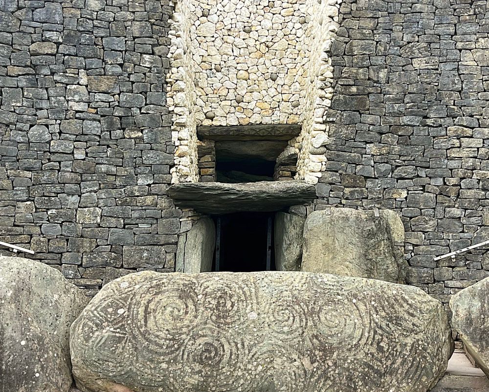 A photo of the reconstructed entrance to the passage at Newgrange.