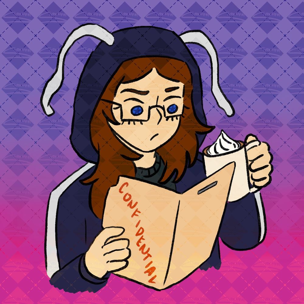 A brunette wearing a pillbug jacket looking at a case file folder. She has a coffee with whipped cream in her other hand.