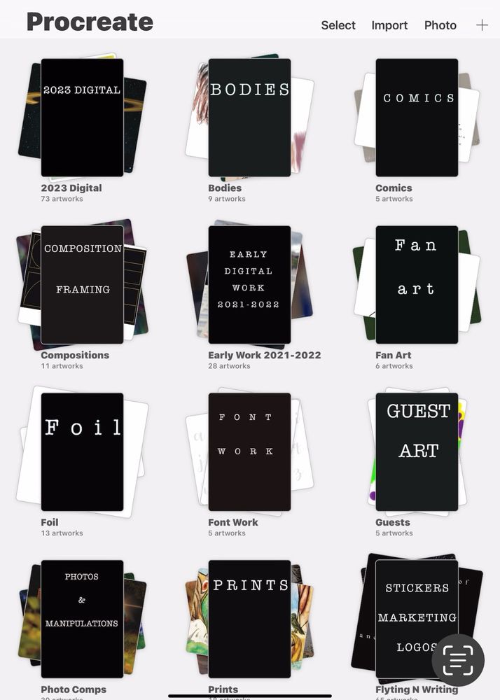 12 folders with different titles on them, describing the contents of digital artwork inside