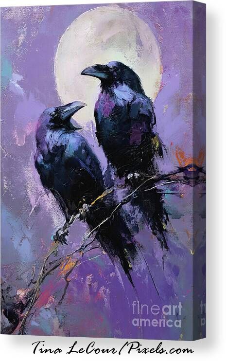 This is an abstract canvas of a pair of raven birds perched under a full  moon 