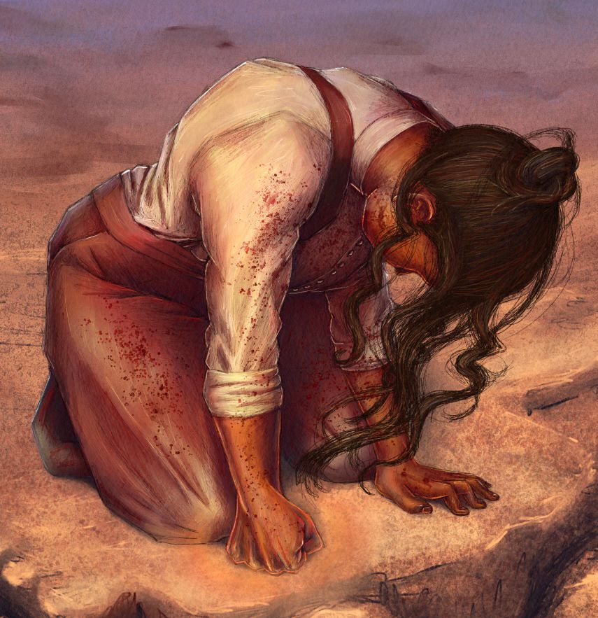 A digital painting (using the previous pose) of a young woman with dark brown hair and warm brown skin kneeling in a desert. Her old fashioned shirt and trousers are dusty and blood-spattered, and her hair is almost fully escaped from her messy bun. Her head is bowed as though in defeat, but her fist punches the ground in white-knuckled determination.