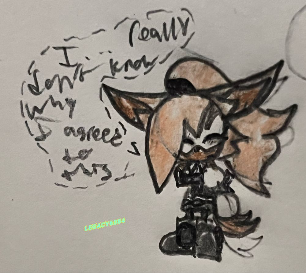 A drawing of Whisper that I made to be funny. She is wearing a goth dress and just some normal black boots. She has, what’s essentially flavour text because I wanted her to be more Whisper. She is very unsure of this outfit, and honestly, i definitely think her normal outfit is WAY better.