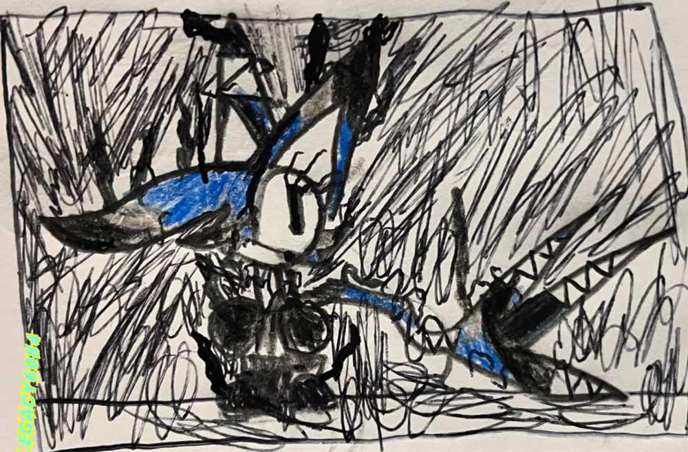 A panel of Teal looking absolutely p_ssed off. He has dark energy surrounding him, covering some parts of his body, some of the background is colored in with pen, and he’s just looking at (Metal) Legacy.