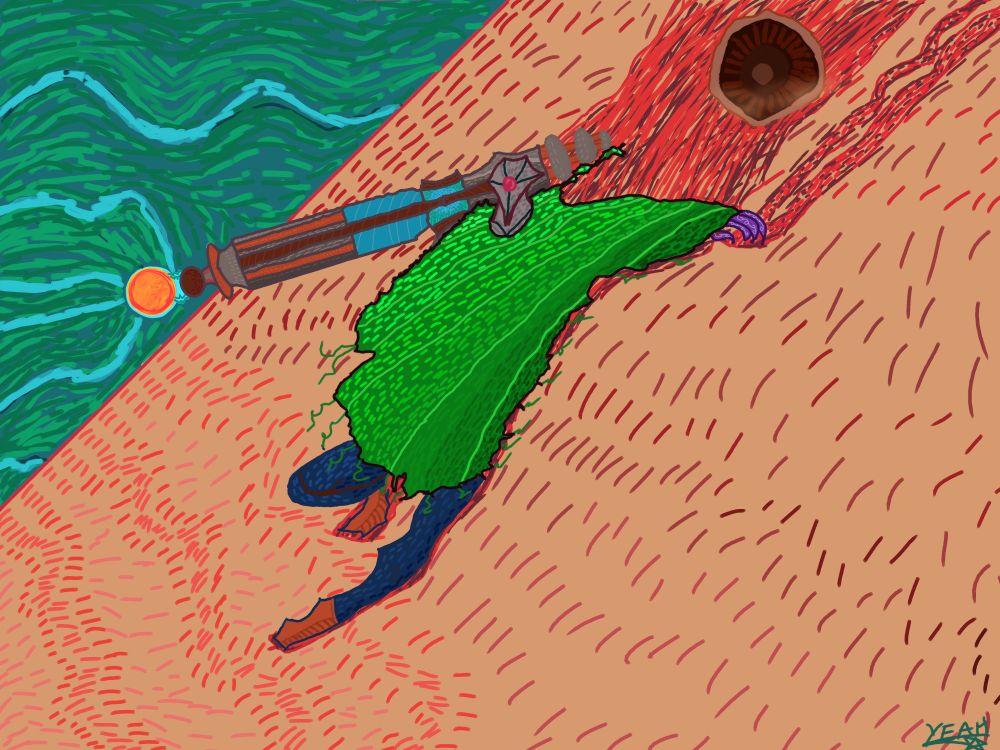 Robot gunslinger using a Tesla cannon, while sliding trough sand 