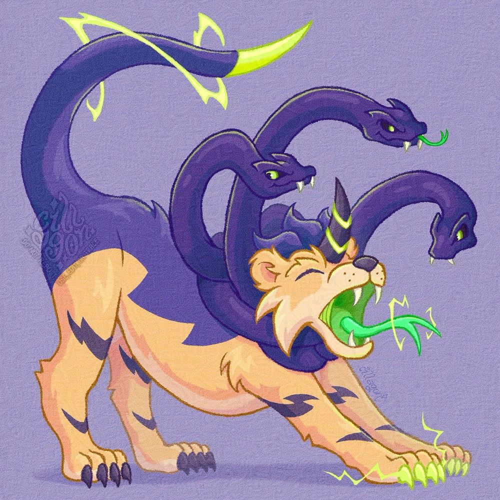 Meduzap, a leonine Miscrit; it has fur that is bluish-violet on the upper half and, tail and cream-colored on the lower half and on the face, and with lightning bolt and V-shaped markings along its legs. It has a singular horn on its forehead that has two glowing lines, and its mane consists of three bluish-violet snakes wrapped around its neck. Its front claws and the tip of its tail glow yellow-green, surrounded by lightning of the same color.

In the art, Meduzap is stretching with a big yawn, its green snake-like tongue sticking out with small lightning surrounding it.

---

Pose reference: "Panthera leo stretching (Etosha, 2012)"
https://commons.wikimedia.org/wiki/File:Panthera_leo_stretching_%28Etosha,_2012%29.jpg