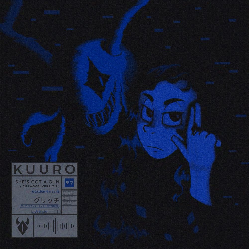 A redraw of the cover art of the song "She's Got a Gun" by KUURO ft. McCall. The entire artwork is shrouded in darkness, except for the illuminated parts that are monochromatic dark blue. Glitch particles are scattered around the background.

Near the middle of the picture is Cille with their hair down. A serious look is on their face, their right hand forming a gun pose near their face. A black ring with a diamond-shaped head is fitted on their middle finger.

To the left of the image and beside Cille is gLiTCH, a horned entity. gLiTCH is glaring to the side with its singular diamond-shaped eye and a toothy grin. They are also visibly glitching.

At the bottom left of the artwork is an information rectangle that contains the song details, such as KUURO [the music artist] and the song title "SHE'S GOT A GUN (CILLAGON VERSION)" beneath it.
The next three lines of Japanese text benath it (literally) translate to:
"She's Got a Gun"
"glitch"
"The Diamond Fellow's eerie form"