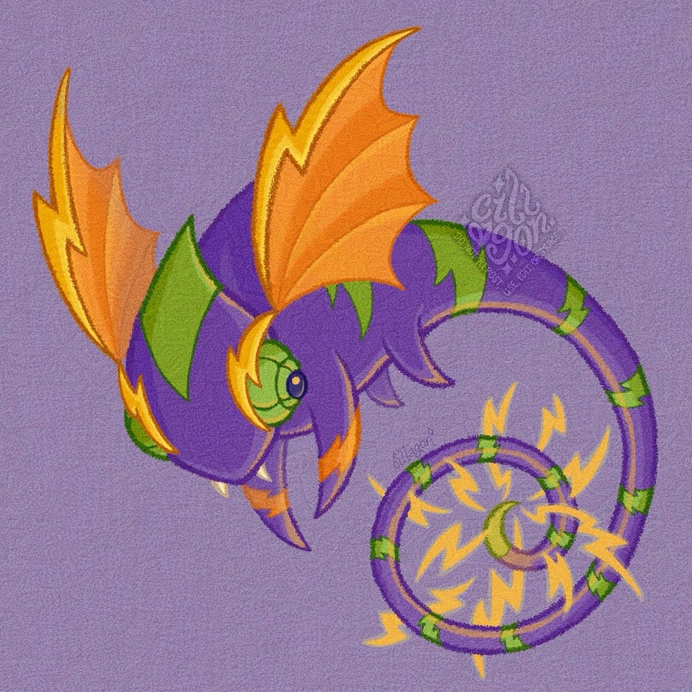 Echomeleon, a fanged purple chameleon Miscrit with green lightning bolt stripes along its body, and one such orange stripe on its forelegs. The top of its crest has a green marking as well. It has a pair of slightly transparent orange bat-like wings, which sprout from the tip of its lightning-shaped eyebrows attached to its green-skinned eyes. Lightning bolts surround the tip of its tail.