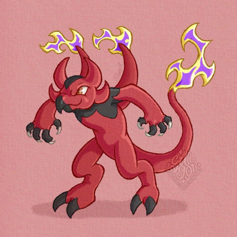 Selvyr, a red-skinned, bipedal, tailed Miscrit with sharp claws and black accents. Its head has two pairs of curved horns, and its mouth is a beak tipped in black colors. Selvyr is in a hunched position, its tail and the the two curving protrusions from its back ending in a yellow fire with inner violet colorations.