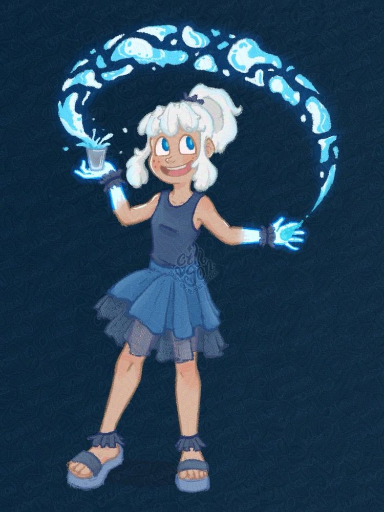 Azella, a medium-light-skinned teenage girl with freckles and azure irises. Her white hair is tied to a high ponytail with a blue crown-like hairtie, except for the puffy bangs over her forehead and thick strands of puffy hair on either side of her face. 

Her outfit is a dark blue sleeveless top and a medium dark blue two-layered circle skirt slightly-above-the-knee length. The second layer of her skirt is tulle. Both her wrists have dark blue ruffled wrist cuffs. Her blue platform sandals have similar ruffled ankle straps.

Azella is standing with right foot in front and her arms partially stretched to the sides, the right arm being higher. Her hands up to halfway her forearms glow in a bright blue.
Blobs of glowing light blue and azure water flow starting from a circle of water on her open left palm, forming an arc above her head, and ending with a splash in the silver cup sitting on her right palm. With a smile, her eyes look up to her left, seemingly looking at her flowing water.