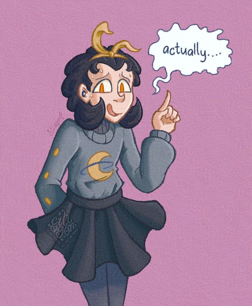 Lunaria nervously saying "actually..." with an index finger pointing up. Her yellow ribbon headband seems to bend down awkwardly with her.

She is wearing her usual attire of a medium gray sweater with a crescent symbol, a turtleneck underneath, a dark blue short skirt, and a pair of leggings, leaving only her face and hand showing her pale skin. She is also wearing a pair of loop earplugs, and has short black hair that is crescent-shaped on either side of her head.