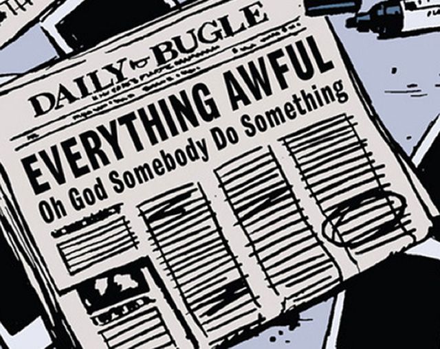 comic book drawing of a newspaper, with a banner headline that reads: EVERYTHING AWFUL, oh god somebody do something