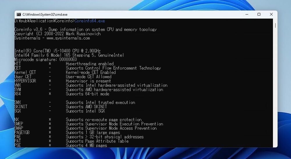 Coreinfo - "POPCNT"がサポートされているかどうかも一目瞭然。CPUの詳細情報を表示することができるSysinternalsツール | ソフトアンテナ
