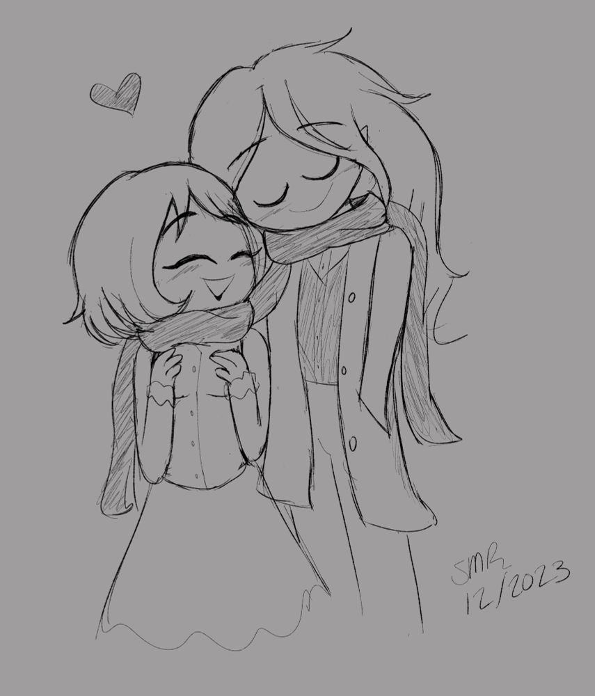 Black and white doodle of two oc’s sharing a scarf in the winter and smiling.
