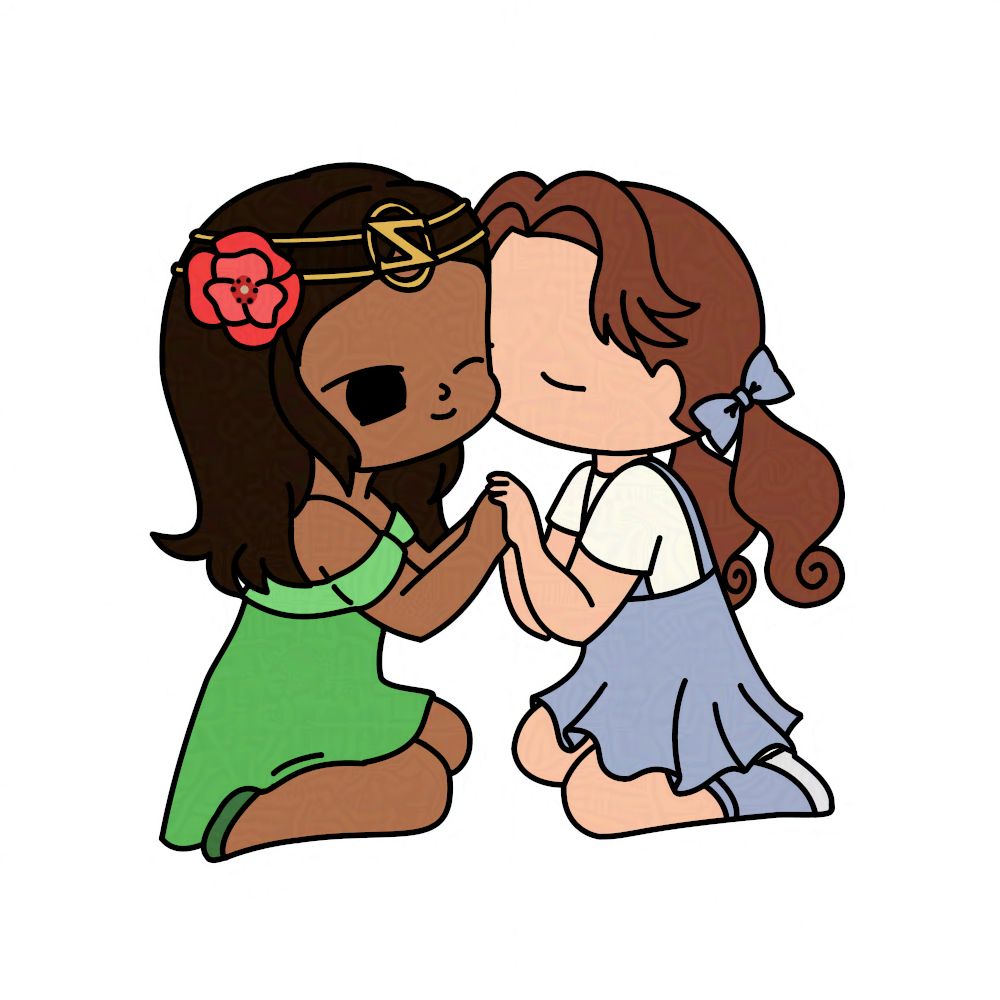 2D digital picture of Dorothy Gale and Ozma kneeling on the ground and Dorothy kissing Ozma on the cheek. Dorothy has both eyes closed and Ozma has one eye closed on the side Dorothy is kissing her and is smiling. 