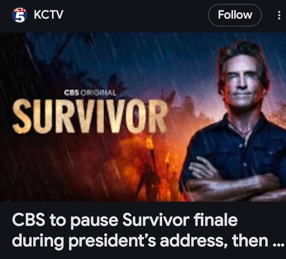 Screenshot of headline indicating that CBS will pause the survivor finale for Trump's address tonight, featuring pic of Jeff Probst