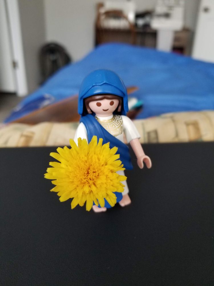 A Playmobil Hestia stands holding a dandelion.