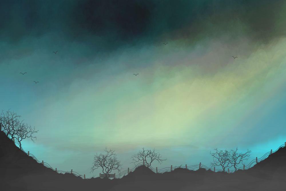 A dark, atmospheric landscape featuring a rugged, silhouetted mountain and drifting, layered clouds, tinged with dark greys, burnt oranges, yellows, lilacs, blues and deep pinks. In the foreground, barbed wire fences sit on top of the ridge; chance of a gate. Soft mist blows across the foreground. Birds soar on the wind.

The "Golden Hour" refers to the period shortly after sunrise and just before sunset when the sunlight is softer and warmer compared to the rest of the day. This time is highly valued by photographers and filmmakers because the light is less harsh, creating beautiful, natural lighting conditions.