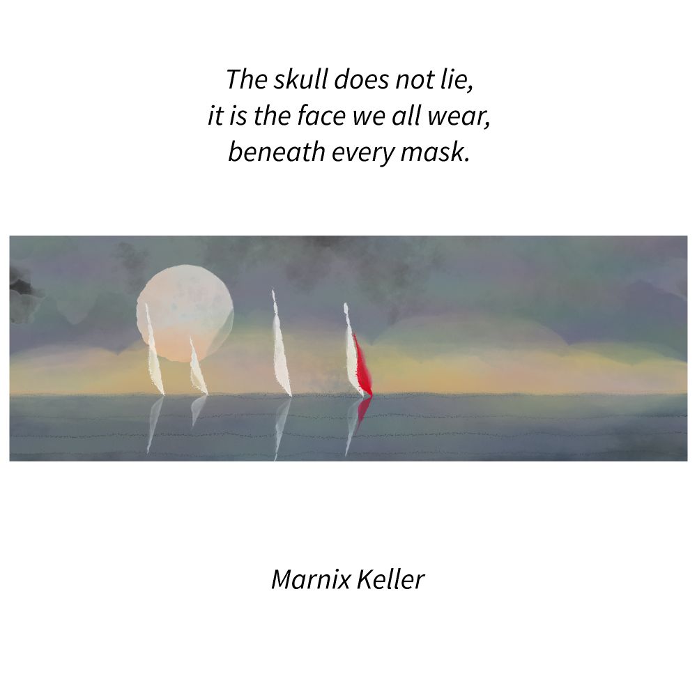 White square with a panoramic seascape band across the centre. Small abstract sail boats, one bright red. Three-line poem/haiku centred in the top third in italic. Artist’s name centred in the lower third.