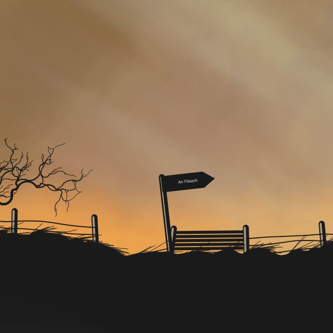 A dark, atmospheric landscape featuring a rugged, silhouetted mountain and drifting, layered clouds, tinged with dark greys, burnt oranges, yellows, lilacs, blues and deep pinks. In the foreground, barbed wire fences sit on top of the ridge; chance of a gate. Soft mist blows across the foreground. Birds soar on the wind.

The "Golden Hour" refers to the period shortly after sunrise and just before sunset when the sunlight is softer and warmer compared to the rest of the day. This time is highly valued by photographers and filmmakers because the light is less harsh, creating beautiful, natural lighting conditions.