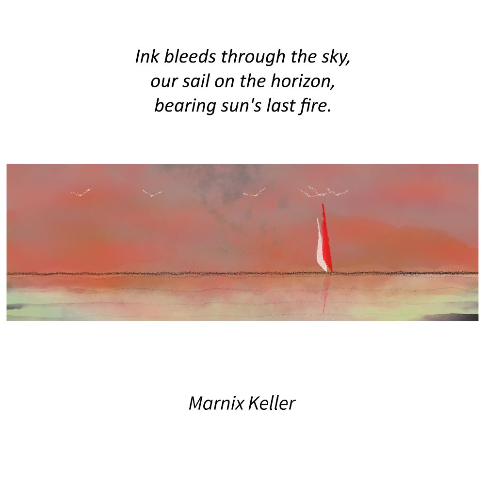White square with a panoramic seascape band across the centre. Small abstract sail boats, one bright red. Three-line poem/haiku centred in the top third in italic. Artist’s name centred in the lower third.