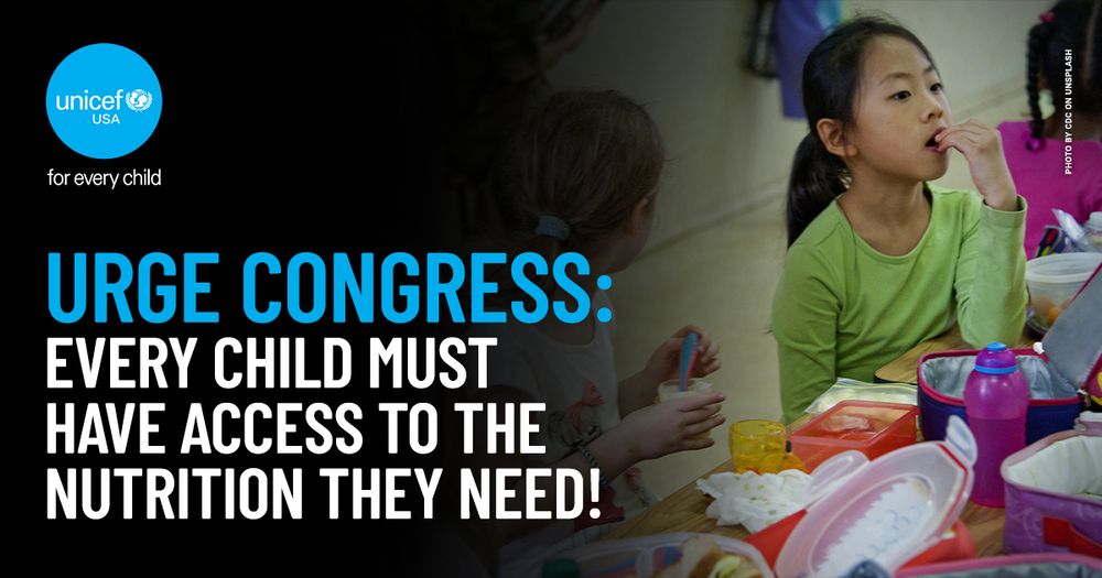 "Urge Congress: Every child must have access to  the nutrition they need!" + a photo of children eating their lunch at school