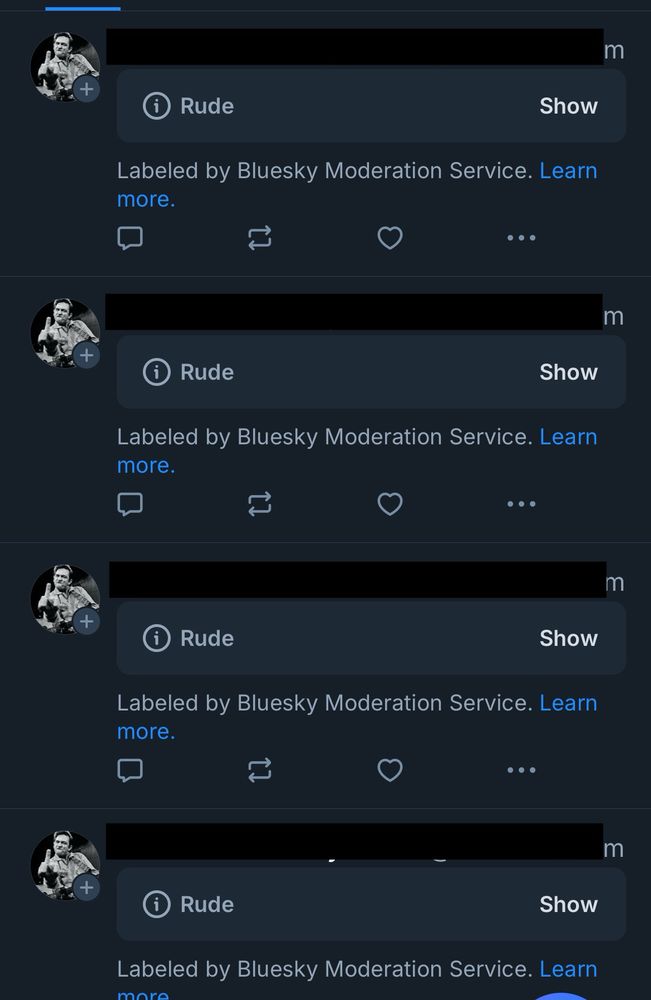 Screenshot of a Bluesky user whose name is redacted and all the posts are hidden with the label “Rude”