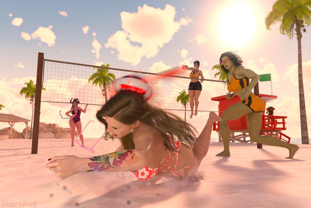 3D Render. A lively, sunny beach volleyball scene featuring DiDi Star, wearing a red bikini with white flowers on it. She dives to intercept a volley ball, catching it in the face while her teammate, Ungrid the half orc, watches with shock. Ungrid is wearing a black and yellow athletic short + tank top combo. On the other side of the net, Carol Dubois spikes the ball at DiDi's head, wearing black denim shorts, a black ball cap, and a leopard print bikini top. Her teammate, Cordelia the succubus, watches from the ground with a smug expression, wearing a black and purple one-piece swimsuit. On a lifeguard tower in the distance, Elspeth the elf watches the game, wearing a black one-piece swimsuit and a big sun hat. 