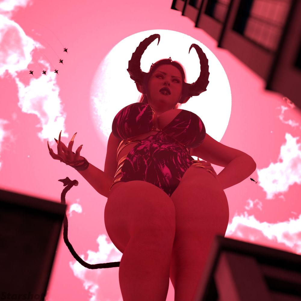 3D render. 
The same scene, viewed from the streets below. Cordelia looms large over the world, jutting high into the sky as she's silhouetted by the moon behind her. Jets fly hopelessly towards her as a helicopter hovers high above the streets, monitoring the situations.