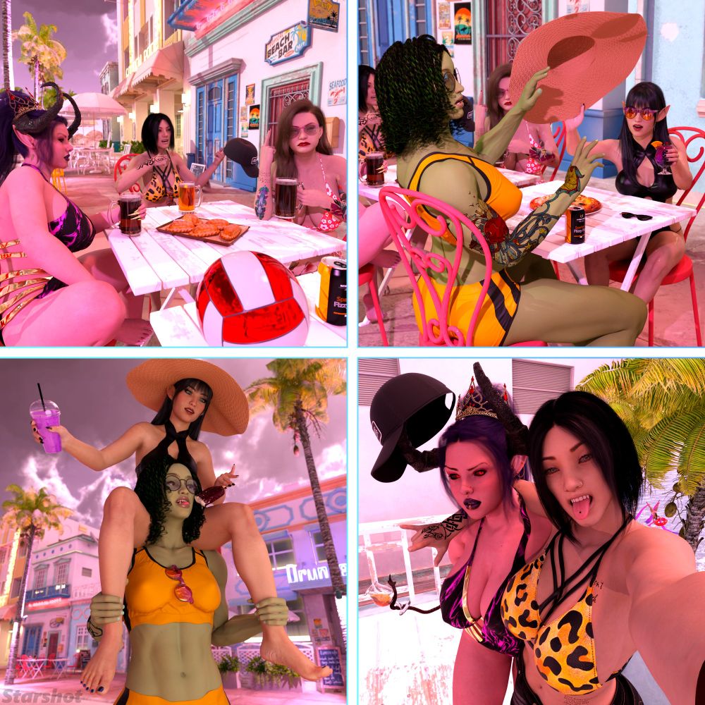 3D Render, 4 panel comic. 

Panel 1. DiDi Star, Carol, and Cordelia sit at a bistro set, sharing beers after the match as the sun goes down. Carol appears to be antagonizing DiDi who gives Carol a middle finger. 

Panel 2. Sitting at a table next to the trio, Ungrid and Elspeth share drinks. Elspeth attempts to force her sun hat onto Ungrid, who recoils backward. 

Panel 3. Ungrid gives Elspeth a piggy back ride along the beach. From atop the orc girl's shoulders, Elspeth attempts to feed Ungrid ice cream.

Panel 4. Cordelia and Carol take a selfie together. In the background, DiDi Star appears to be accosted by tentacles while relaxing in the water on an inner tube. 