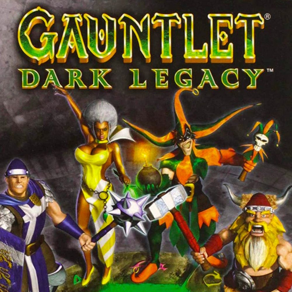 The cover art of Gauntlet Dark Legacy, featuring the four new heroes of the game. Notable for this discussion is the Sorceress, a very buxom woman in a yellow dress with large white spherical hair. 