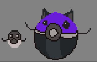 A drawing of a Pokeball from the Pokemon series except the red dome at the top is turned purple, the ball has two feline ears and two cute little eyes, whiskers, and is coloured like the model / avatar for Heckacentipede.