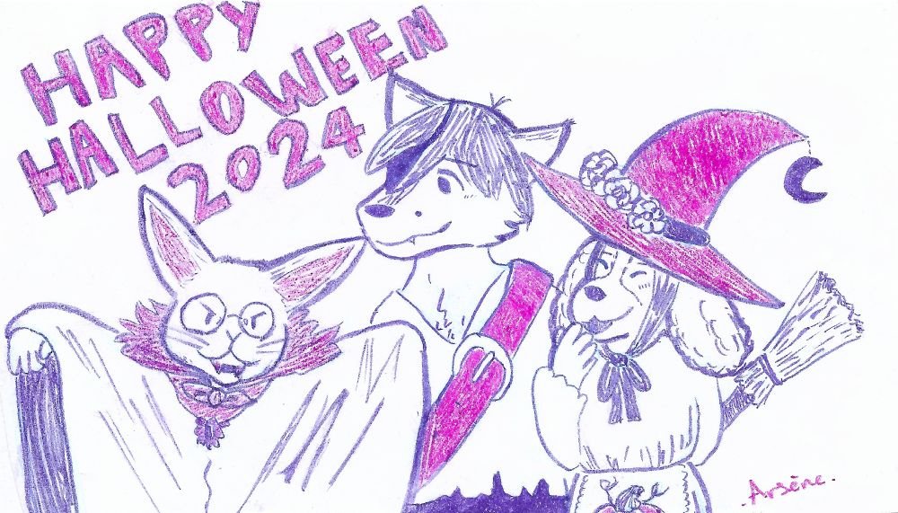 Inked drawing of a rabbit dressed as a vampire, a wolf dressed as a pirate, and a dog dressed as a cute witch. Above them is text reading "happy halloween 2024". 
